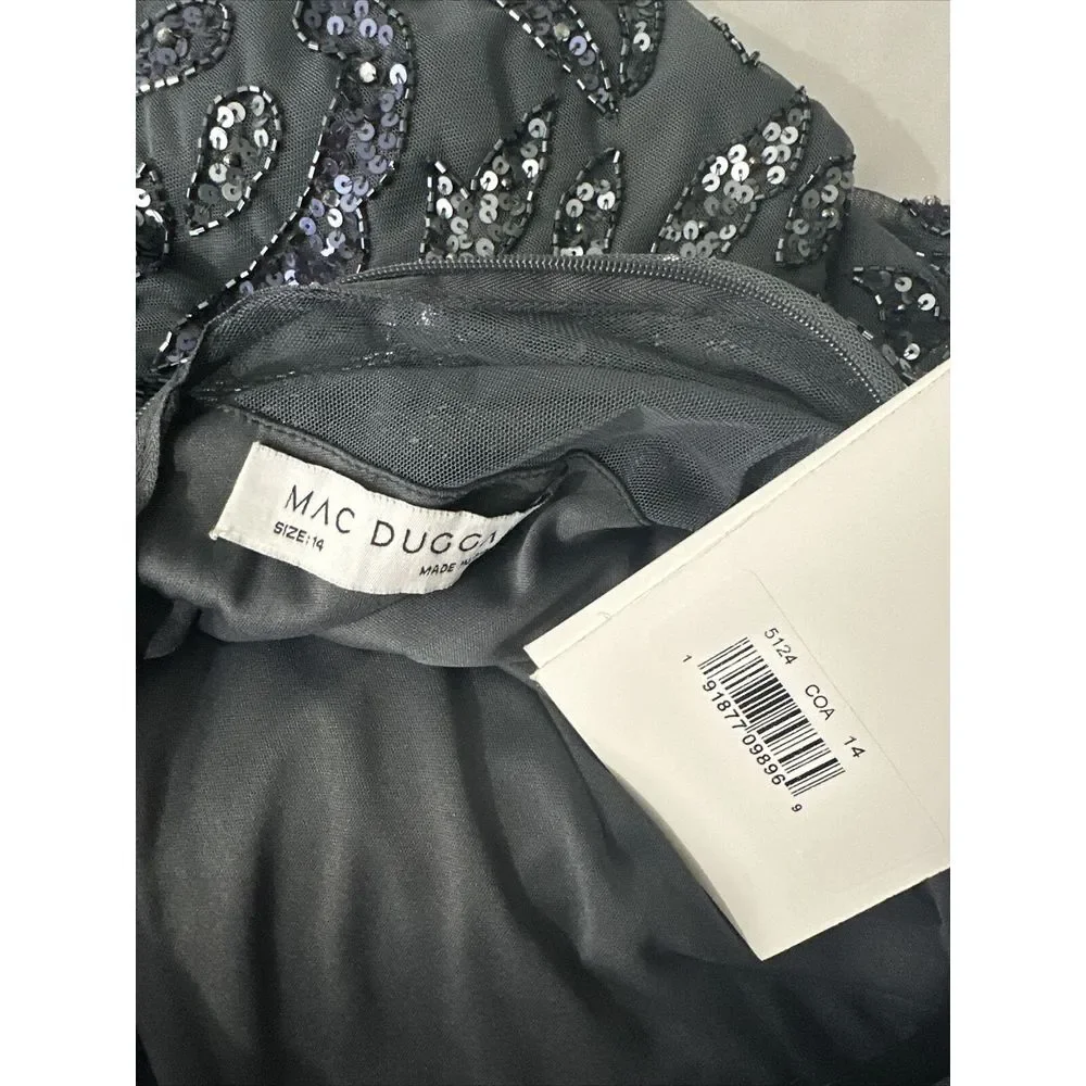 NWT $598 Mac Duggal [ 14 ] Beaded Long Sleeve‎ Evening Gown in Charcoal #S1107 - Picture 4 of 13